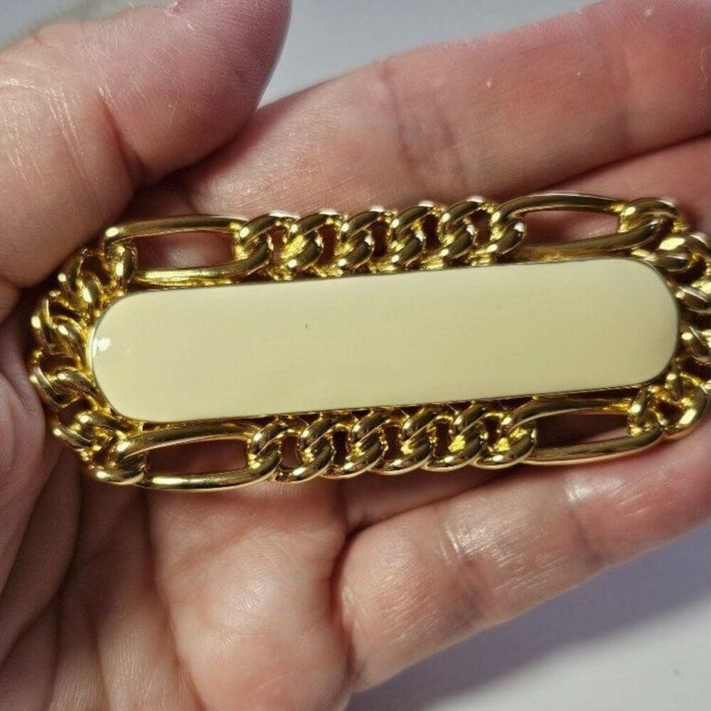 Monet gold tone cream enamel bar brooch